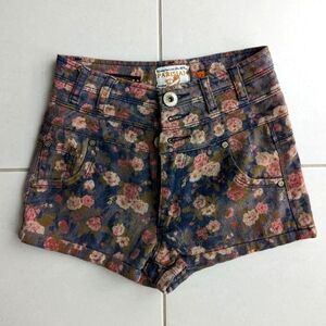 PARISIAN high waisted floral print purple and pink button fly denim shorts
